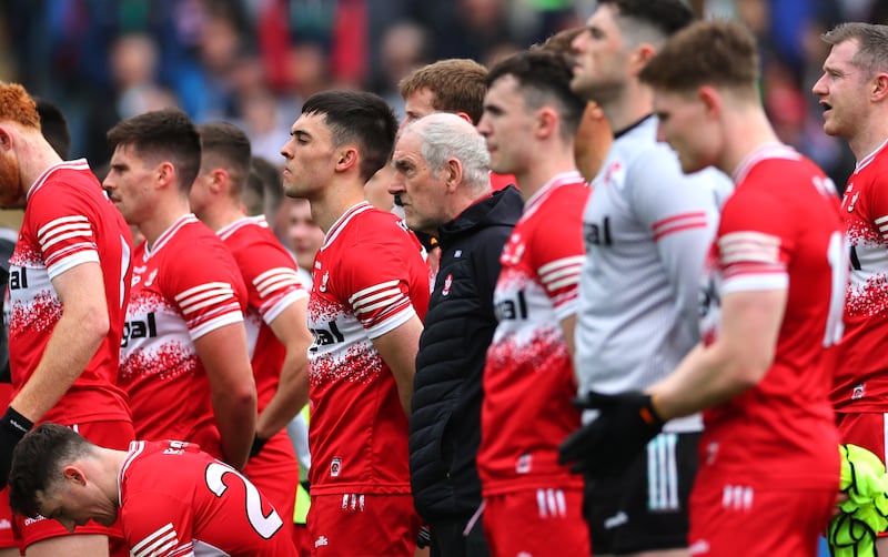 Derry manager Mickey Harte with his side before kick-off in the 2024 All-Ireland quarter-final against Mayo in Castlebar. Photograph: James Crombie/Inpho