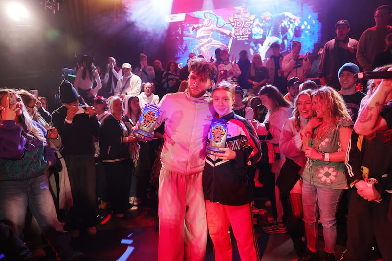 Red Bull BC One National Cypher: B-boy Aleon (Leon Dwyer) and B-girl Tara (Tara Bredemeier) celebrates winning  the finals. Photograph: Alan Betson