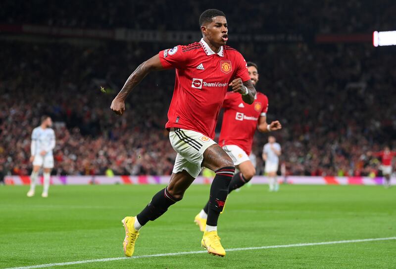 Rashford after scoring Manchester United's second goal in a Premier League match against Liverpool at Old Trafford on August 22nd, 2022. Photograph: Michael Regan/Getty Images