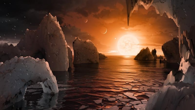 An artist’s concept allows us to imagine what it would be like to stand on the surface of the exoplanet TRAPPIST-1f, located in the TRAPPIST-1 system in the constellation Aquarius. Illustration: Nasa/Getty Images