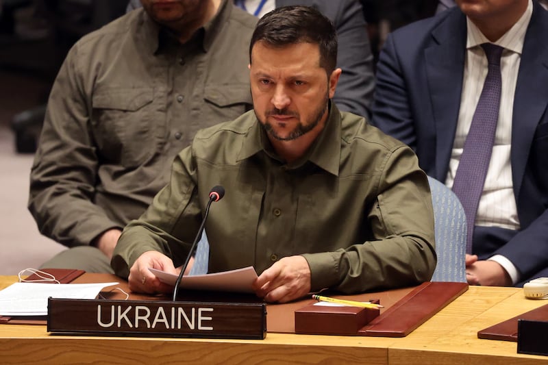 President of Ukraine Volodymyr Zelensky speaks to the U.N. Security Council on the war in Ukraine (Photo: Spencer Platt/Getty Images)