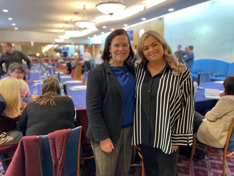 Sinn Fein President Mary Lou McDonald with newly elected senator Maria McCormack at the count centre in Leinster House, Dublin. Photograph: David Young/PA Wire