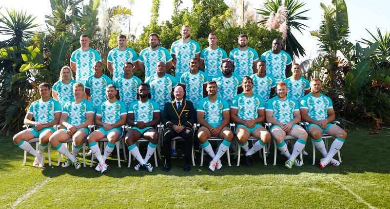 South Africa line up for a squad photograph at their fine base, the Grand Hotel des Sablettes Plage in Toulon. Photograph: Steve Haag/Gallo Images/Getty Images