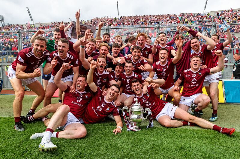 Westmeath celebrate after winning last year's Tailteann Cup final in Croke Park. Photograph: Ryan Byrne/Inpho