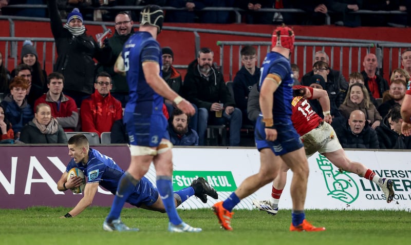 Sam Prendergast scores for Leinster. Photograph: Dan Sheridan/Inpho