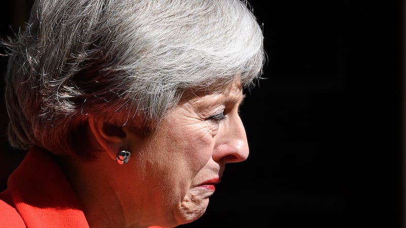 Then British prime minister Theresa May becomes emotional during a speech on May 24th, 2019 in which she announced her intention to resign on June 7th, 2019. Photograph: Leon Neal/Getty Images