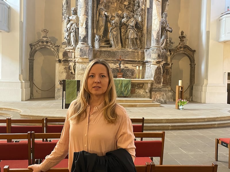 Pastor Leen Fritz in Dresden's Three Kings church, which was destroyed in the RAF's bombing of Dresden in 1945 and rebuilt in the 1980s. Photograph: Derek Scally