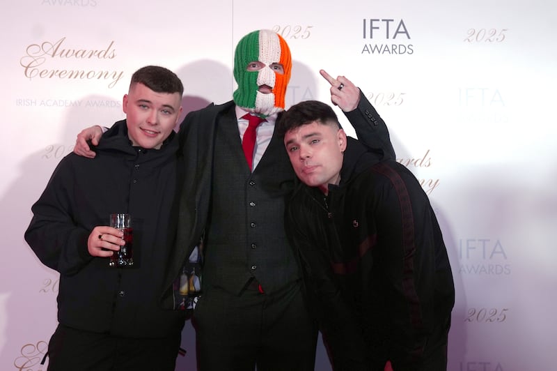 Mo Chara, JJ Ó Dochartaigh and Móglaí Bap of Kneecap at the IFTA awards in Dublin on Friday. Photograph: Brian Lawless/PA Wire 	