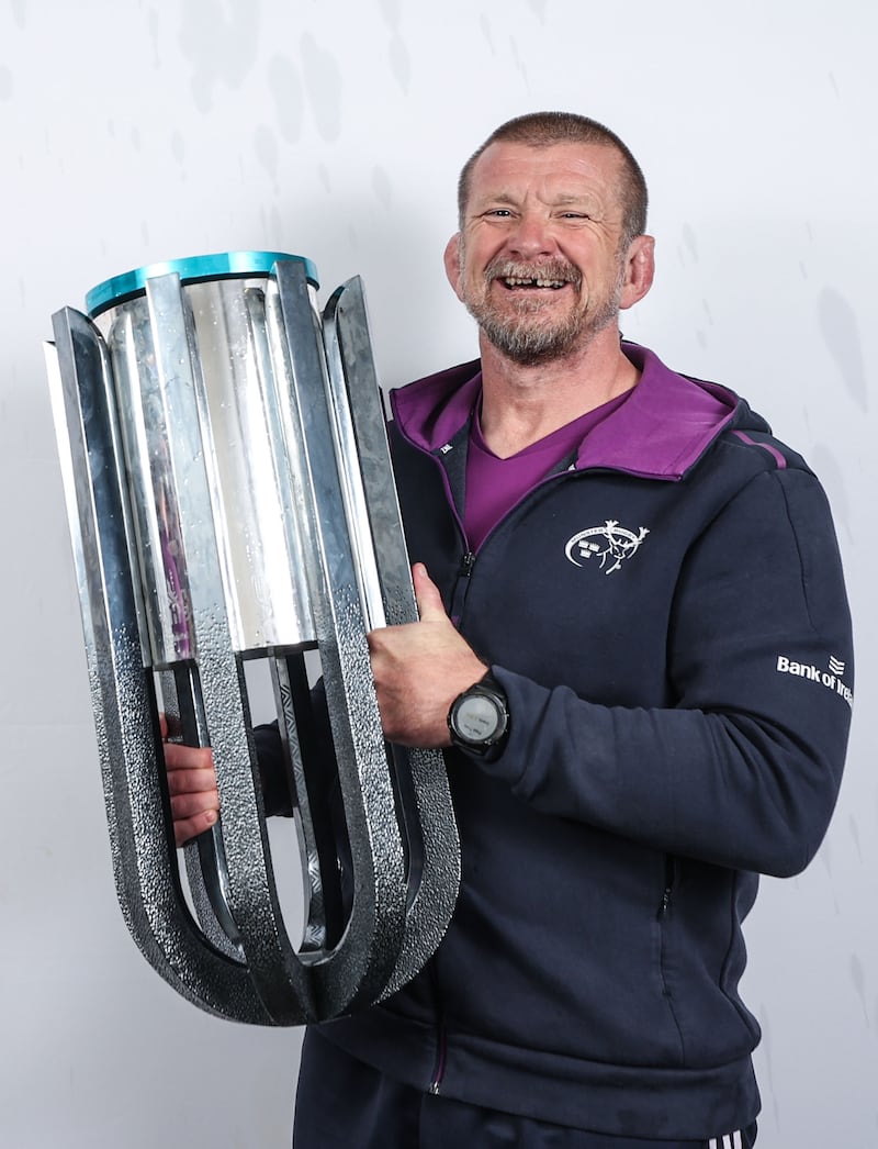 Graham Rowntree celebrates with the URC trophy after Munster's victory last year. Photograph: James Crombie/Inpho