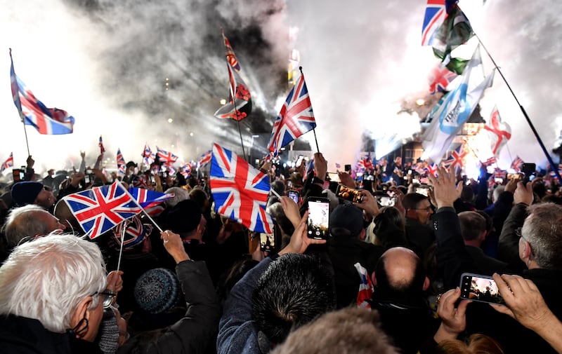 Brexit supporters celebrate as the United Kingdom exits the EU during the Brexit Day Celebration Party hosted by Leave Means Leave at Parliament Square in London in 2020. Photograph: Jeff J Mitchell/Getty Images