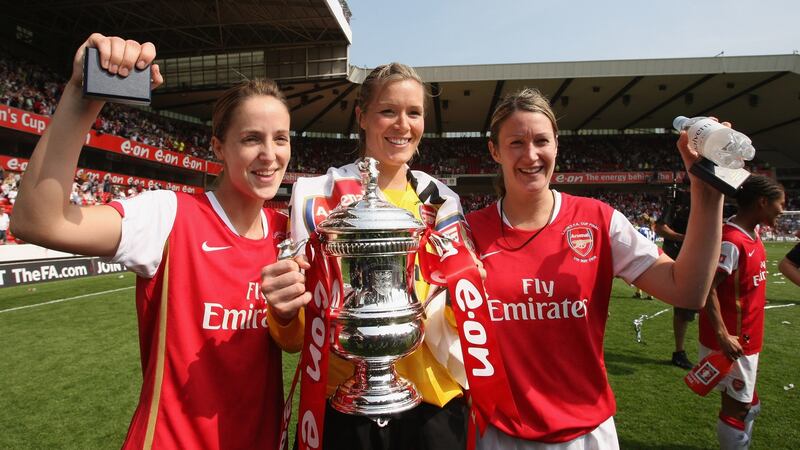 Republic of Ireland and Arsenal’s Yvonne Tracy, Emma Byrne and Ciara Grant with the FA Women’s Cup in 2008. Photograph: Getty Images