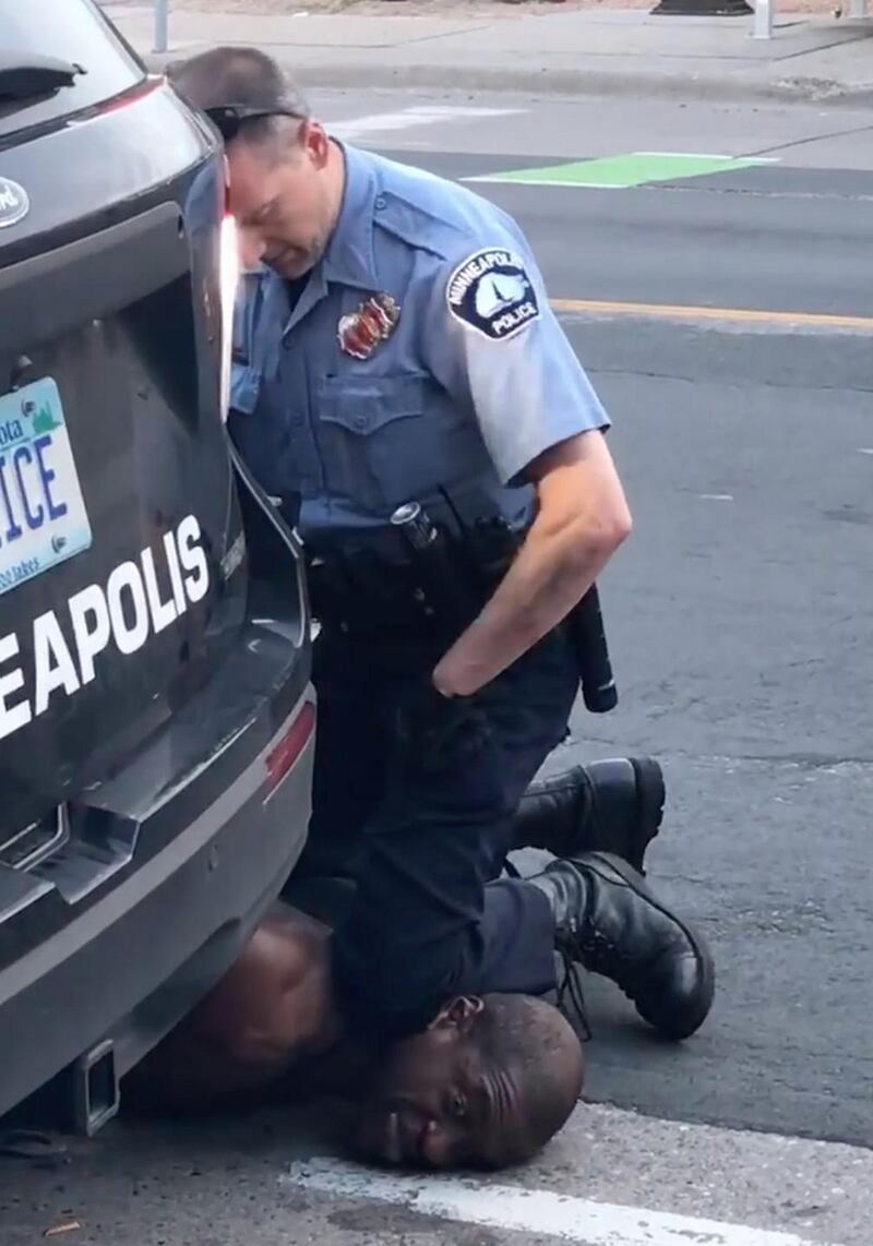 George Floyd: the unarmed black man died after Derek Chauvin, a Minneapolis police officer, kept his knee on Floyd’s neck for almost nine minutes, nearly three  of them after Floyd had lost consciousness. Photograph: Darnella Frazier/Facebook/AFP via Getty