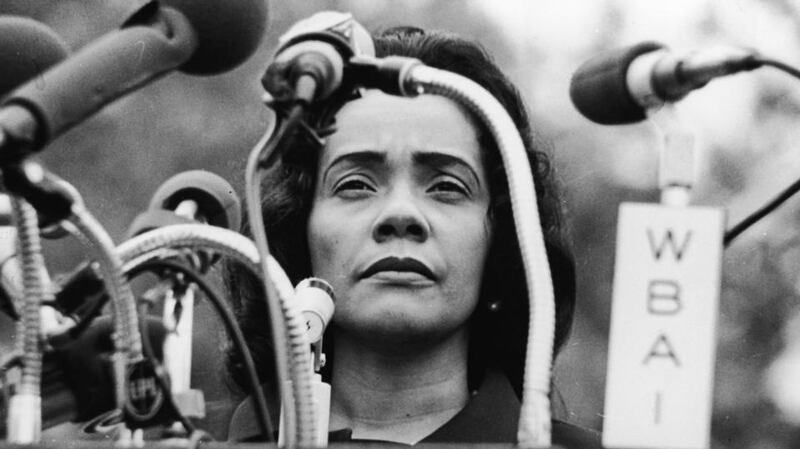 Coretta Scott King at a rally for peace in Vietnam in Central Park, New York, on April 27th, 1968, weeks after her husband Martin Luther King was murdered in Memphis. Photograph: Hulton Archive/Getty Images