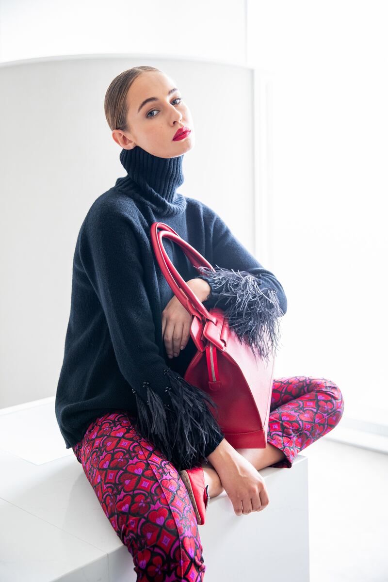 Feathered Sadie sweater €1295 with Kim trousers (made to order) and scarlet Kennedy tote €1395