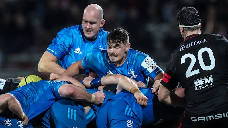 Leinster’s Devin Toner and Max Deegan in action  in their Heineken Champions Cup Round 2 match against Lyon last November. Photograph: Billy Stickland/Inpho