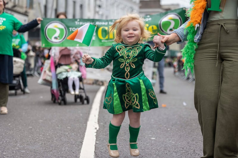 Traveller Visibilty Group (TVG) member Oliva Hogan in the Cork St. Patrick’s Day parade. Photograph: Clare Keogh