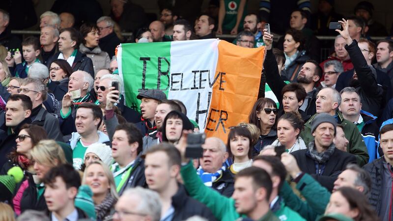 An Irish  flag with the message ’I believe her’ is displayed during the Ireland v Italy Six Nations game on February 10th, 2018. Photograph:  Tom Honan