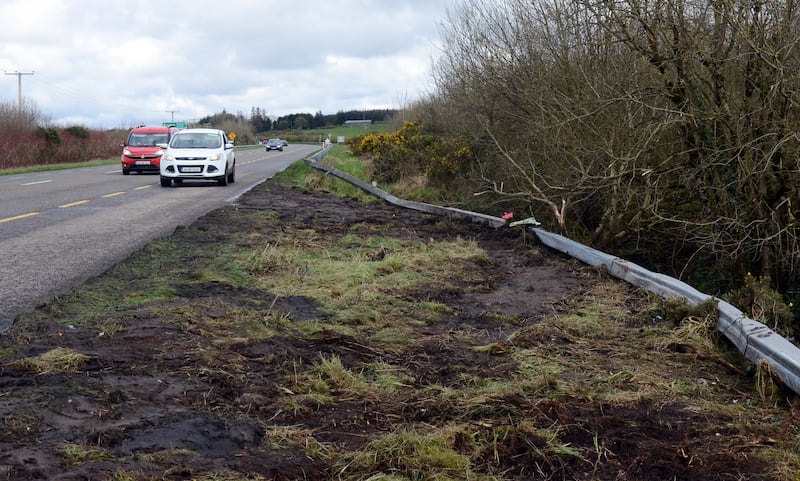 Floral tributes mark the spot of the fatal crash on the N17 near Claremorris in Mayo. Photograph: Paul Mealey