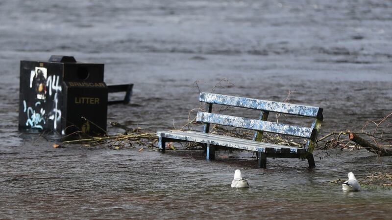 A park bench in flood water in Athlone, Co Westmeath. Photograph: Niall Carson/PA