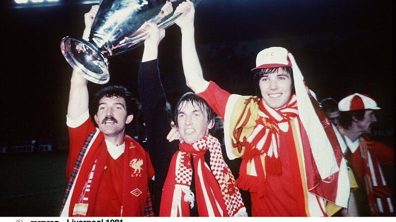 Graeme Souness, Kenny Dalglish and Alan Hansen with the European Cup in 1981. Photograph:  Inpho