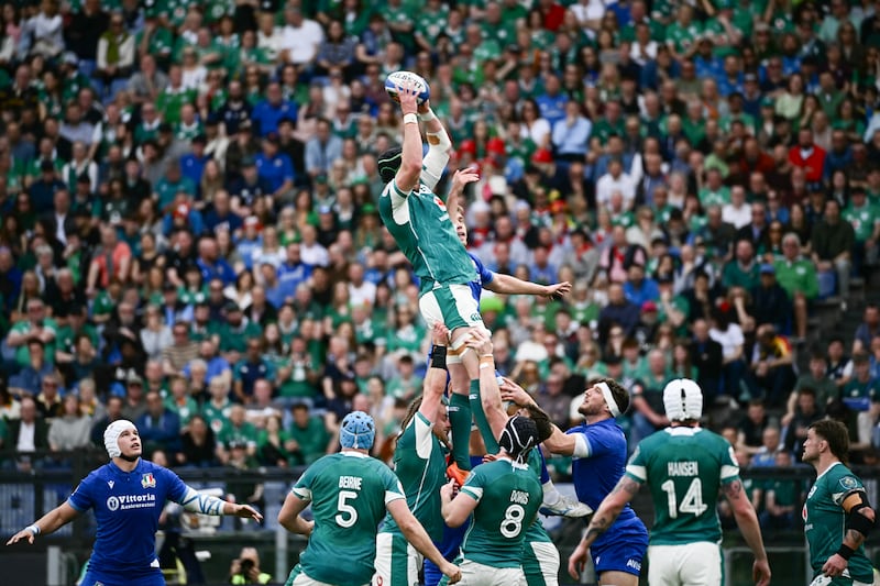 Ireland's Tadhg Beirne takes the lineout ball ahead of Italy's Federico Ruzza during the Six Nations match at Stadio Olimpico in Rome. Photograph: Filippo Monteforte/AFP via Getty Images   