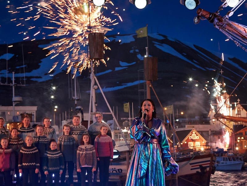 HUSAVIK, ICELAND, APRIL 25: (EDITORIAL USE ONLY) In this handout photo provided by A.M.P.A.S., Molly SandÃ©n performs "Husavik" for the ABC special â€œOscars: Into the Spotlight,â€? the lead-in to the 93rd OscarsÂ®, in HÃºsavÃ­k, Iceland on Monday, April 19, 2021. (Photo by Orly Orlyson/A.M.P.A.S. via Getty Images)