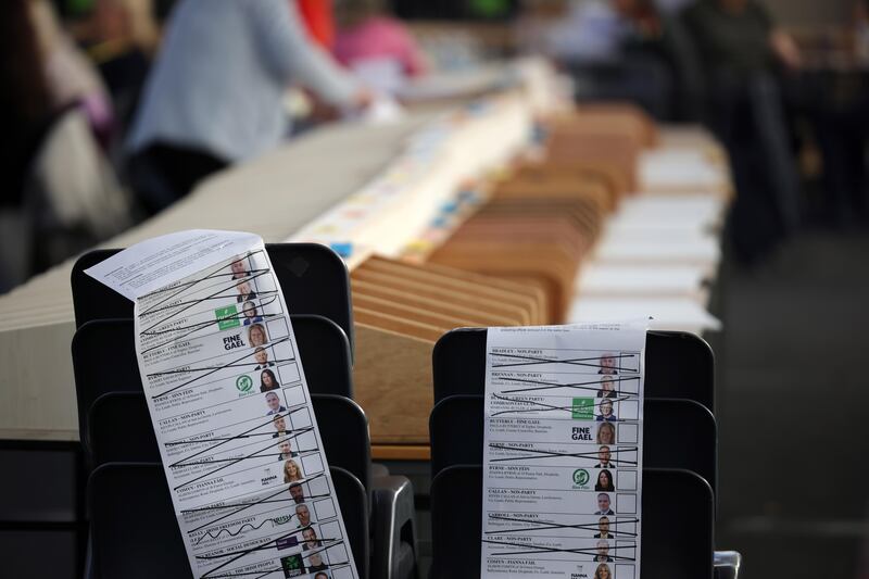 The third day of the count continues for the 34th Dáil at the Louth constituency count centre in Coláiste Chú Chulainn, Dundalk. Photograph: Chris Maddaloni