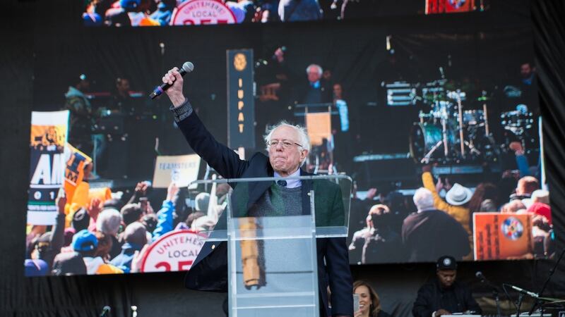 US senator Bernie Sanders  at a rally before the start of a march honouring the life of Dr Martin Luther King Jr in Memphis.  Within a day of  announcing his presidential bid, Sanders had raised $6 million from more than 225,000 donors, his campaign said this week. Photograph: Tamir Kalifa/The New York Times