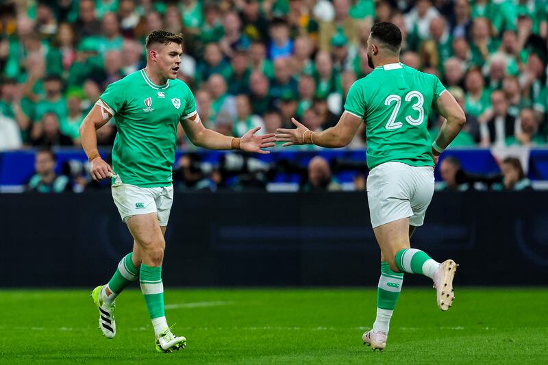 Ireland's Garry Ringrose and Robbie Henshaw trade places against South Africa in 2023. Photograph: Dan Sheridan/Inpho