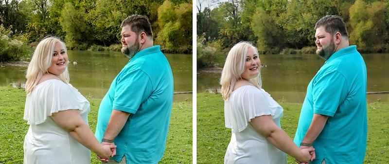 The couple’s engagement photo before, left, and after editing.