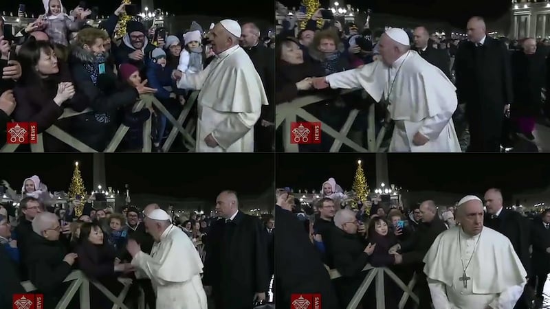 A  combination  of frame grabs taken from a handout video made available by Vatican Media showing a woman grabbing at Pope Francis’ hands in Vatican City. Photograph: Vatican Media/AFP Photo