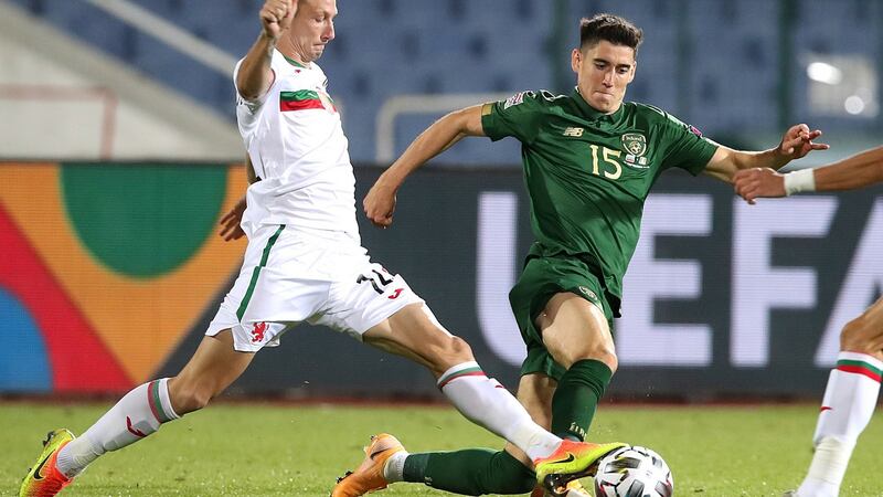 Callum O’Dowda is challenged by Bulgaria’s Anton Nedyalkov in Sofia. Photograph: Kostadin Andonov/Inpho