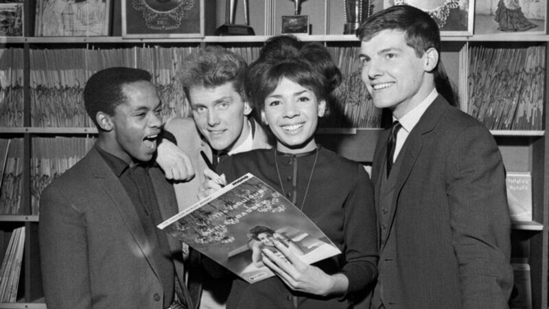 Alvin Stardust (second left) at Shirley Bassey’s Record Shop on West End Lane, London in 1962 with (from left) Danny Williams, Alvin Stardust, Shirley Bassey and Jess Conrad. Photograph: PA