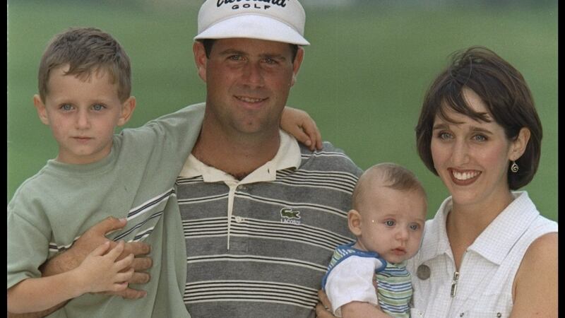 Stewart Cink poses with his family after winning his first PGA Tour event at the Canon Greater Open in Cromwell, Connecticut in July 1997. Photograph: Craig Jones /Allsport