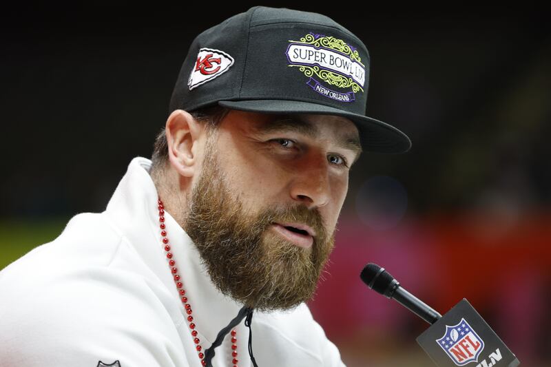 Kansas City Chiefs tight end Travis Kelce taking questions from the media during a Super Bowl  opening night event in New Orleans, Louisiana,  on February 3rd, 2025