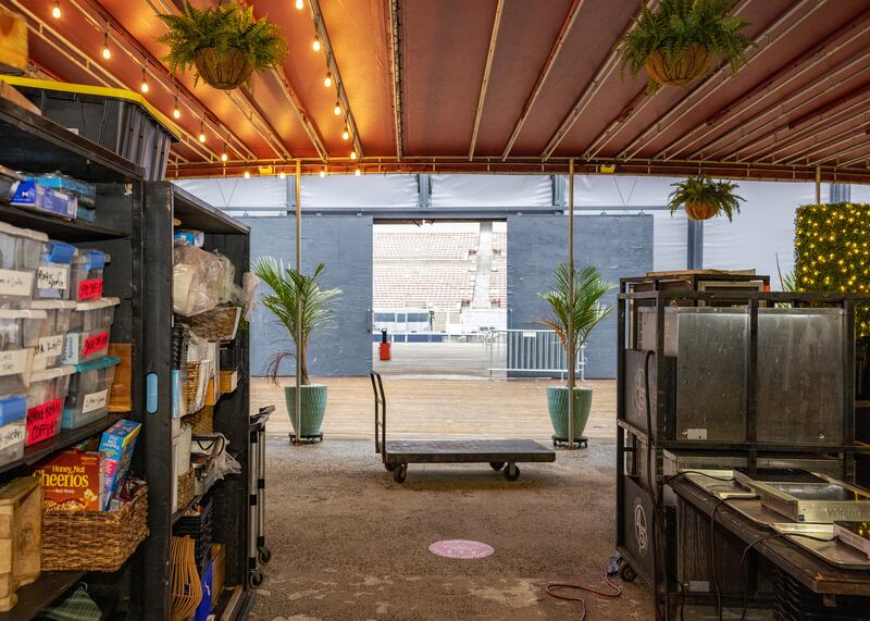  The mobile kitchen at the Jones Beach Theater is prepared for the artists and crew on Sam Hunt’s Summer on the Outskirts tour. Tour chefs often have to adapt to a new cooking setup at each new venue. Photograph: Pat O'Malley/the New York Times
                      