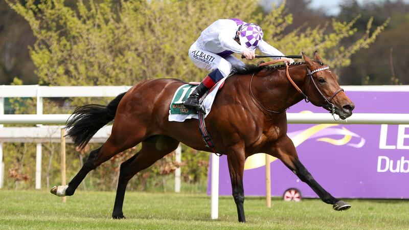 Kevin Manning on Poetic Flare comes home to win the Ballylinch Stud ‘Red Rocks’ 2,000 Guineas Trial Stakes at Leopardstown back in April. Photograph: Peter Mooney/Inpho