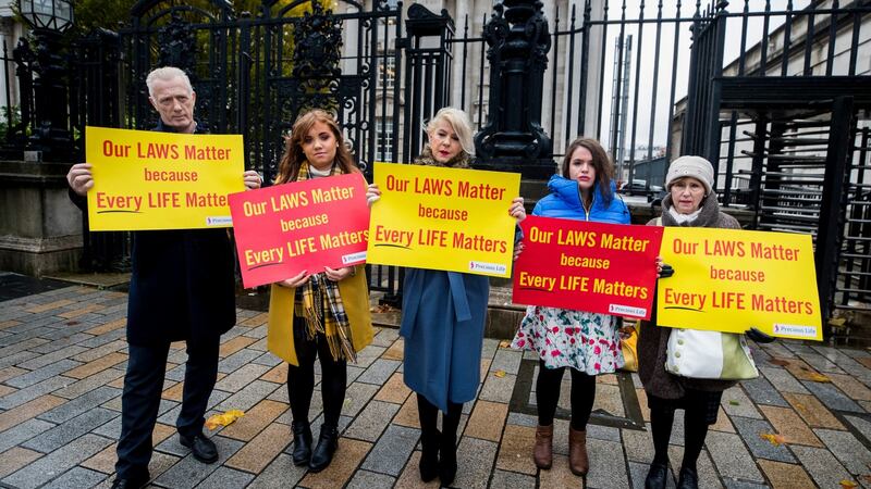 Bernie Smyth (centre), founder and director of Precious Life with anti-abortion  campaigners outside Belfast High Court on Tuesday. Photograph: Liam McBurney/PA