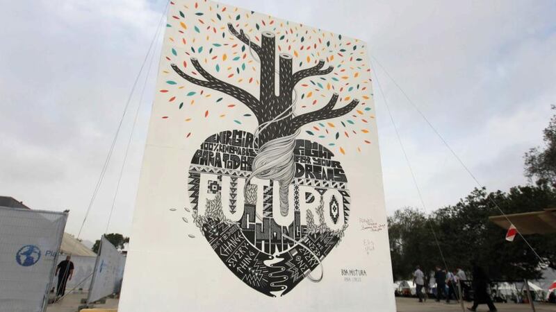 UN climate change talks in Lima:  View of the grafitti called ‘Future’ by Spanish artists Javier Serrano and Pablo Puron, exhibed during the conference COP20 in the city of Lima, Peru. Photograph: Paolo Aguilar/EPA