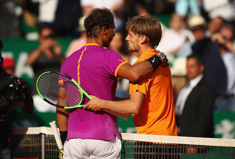 Rafael Nadal shakes hands at the net after his straight sets victory against David Goffin of Belgium at the 2017 Monte Carlo Rolex Masters. Photograph: Clive Brunskill/Getty Images