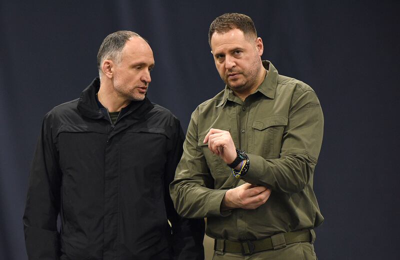 Oleh Tatarov (left) with Volodymyr Zelenskiy's chief of staff, Andriy Yermak, at a ceremony in Kyiv last year. Photograph: Kaniuka Ruslan/Ukrinform/Future Publishing via Getty Images