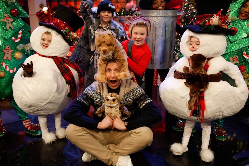 Patrick Kielty  with Emmy Nolan (9) from Carlow, Tara Dowling (5) from Carlow, Harley Wallace (9) Cavan, Louis Hanna (6) Dublin, Sophia Ngobeni (10), Cuinn O'Dowd(5) Navan and Layla Valentine (10) Carlow.  Photograph Nick Bradshaw