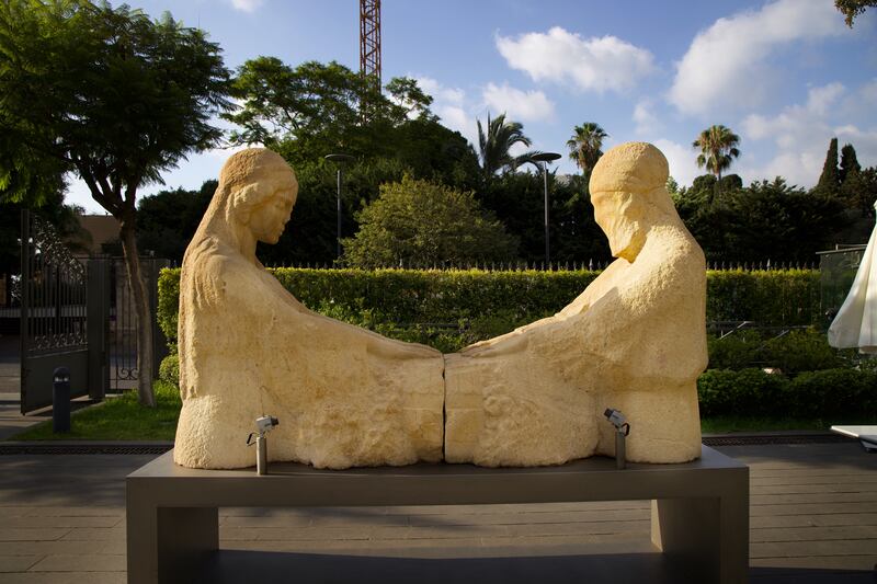 The famine memorial devised by Youssef Hoyek in 1930 featuring a Muslim and a Christian mother mourning the loss of their children is now on display in the Sursock Museum in Beirut. Photograph: Hannah McCarthy