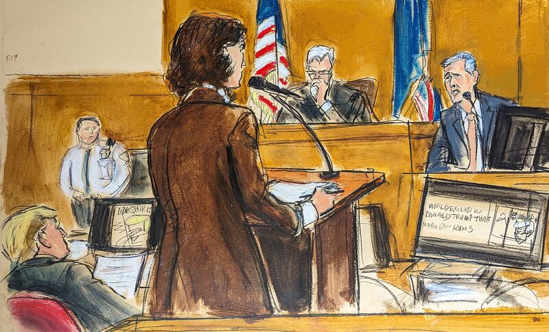 An artist's impression of prosecuting lawyer Susan Hoffinger questioning witness Michael Cohen as Donald Trump looks on in Manhattan criminal court on Monday. image: Elizabeth Williams/AP