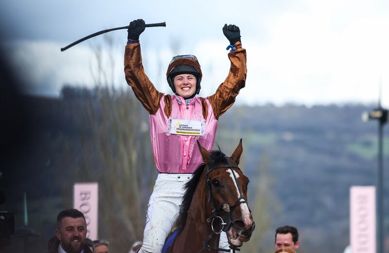 Bridget Andrews on Faivoir celebrates winning the McCoy Contractors County Handicap Hurdle at Cheltenham. Photograph: Tom Maher/Inpho