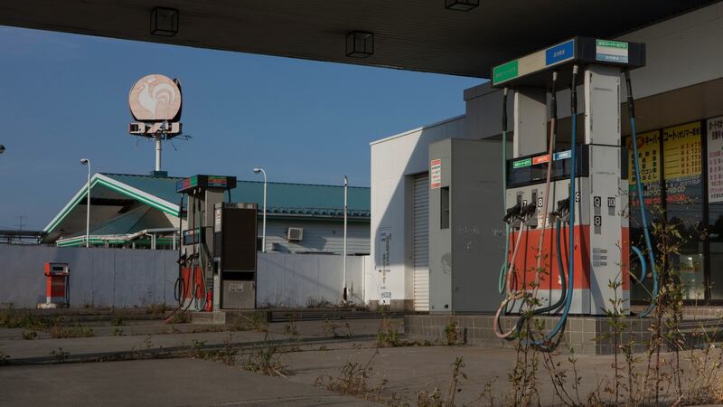 Abandoned gas station in Naraha. Photograph: Androniki Christodoulou