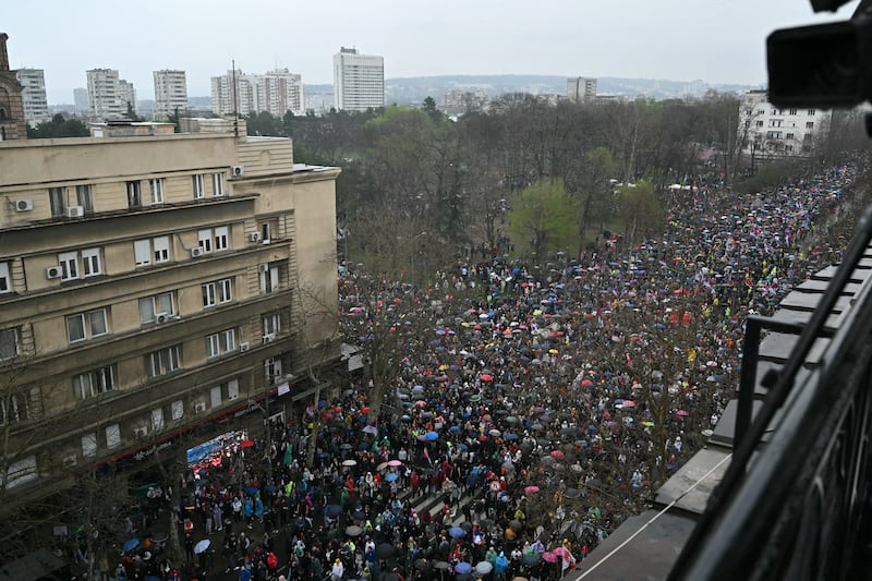 Protesters rally in Belgrade on Saturday. Photograph: Andrej Isakovic/AFP