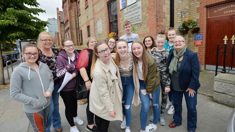 Participants in the Talk about Youth Project with Nina Buckley, left, youth worker, Louisa Murray, centre, volunteer, and Carmel O’Connor,  right, project manager at Andrew’s Resource Centre on Pearse Street. Photograph: Alan Betson / The Irish Times