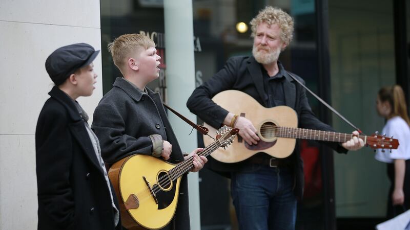 Glen Hansard and the Doran Brothers at an impromptu performance on Dublin’s Grafton Street on July 19th, 2019. Photograph: Nick Bradshaw