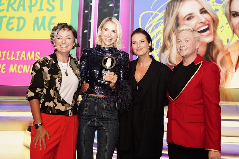 Vogue Williams accepting the Podcast Champion award at the British Podcast Awards 2023. Photograph: Jordan Pettitt/PA Wire                                                                                                 